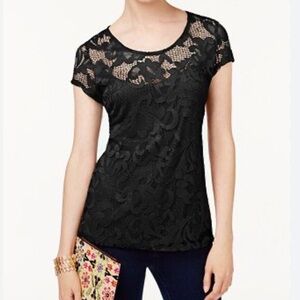 INC International Concepts Black Lacy Short Sleeve Blouse L NWOT